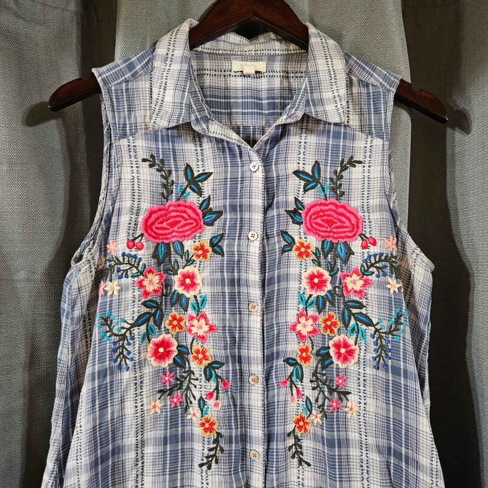 Kyla Seo Blue Plaid Floral Embroidered Sleeveless Button Down Tunic Dress Medium